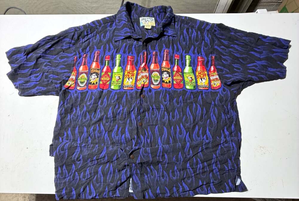 Vintage Y2K Big Dogs Hot Sauce Bottle Blue Flames Button Up Rayon Shirt